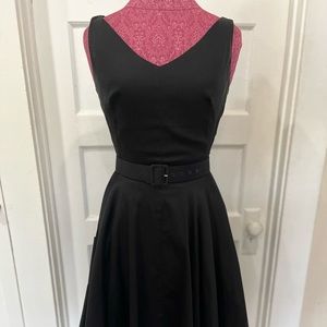 Pinup Couture Black V-neck swing dress with belt. Size XS